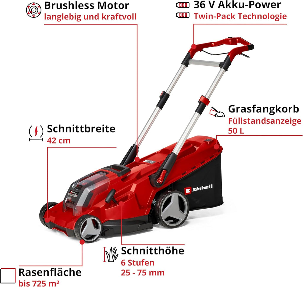Einhell RASARRO 36/42 Cortacésped a Batería 36 V, 42 cm, hasta 725 m², con 2 Baterías 5,2 Ah