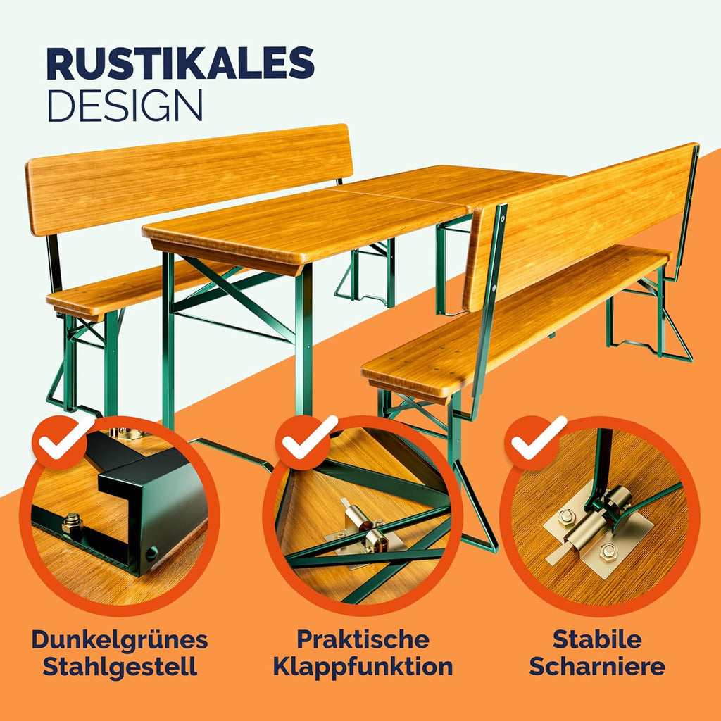 Casaria Conjunto de Mesa y Bancos Plegables con Respaldo 170 cm para 8 Personas, Madera