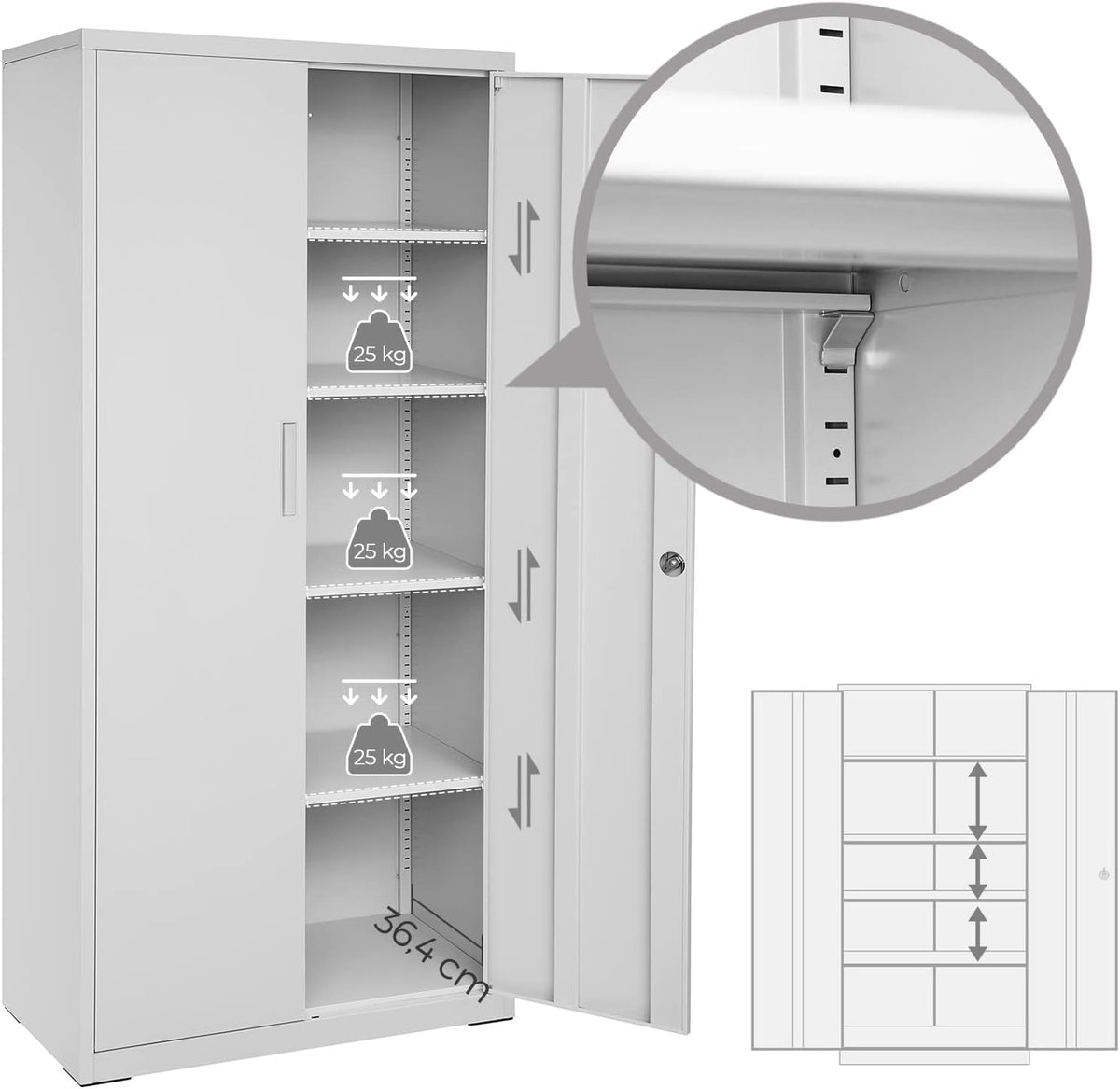 SONGMICS OMC015G01 Armario Metálico con Cerradura 5 Niveles 40 x 80 x 180 cm, Gris