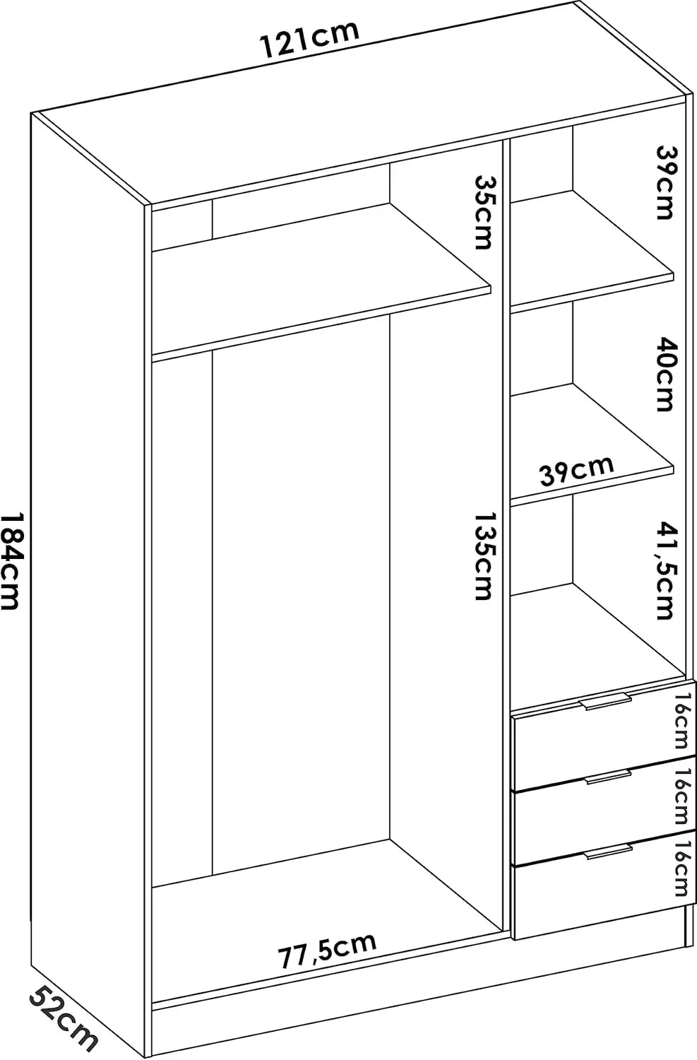 DEKIT Grupo Rimobel Armario Ropero 3 Puertas y 3 Cajones Blanco 121 x 184 x 52 cm