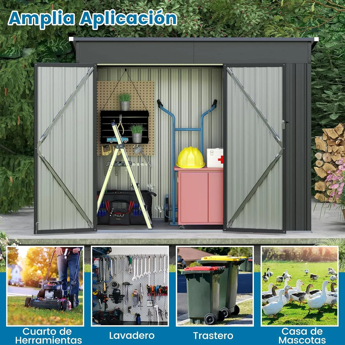 COSTWAY Caseta de Jardín Metálica 235 x 117 x 185 cm con 2 Puertas y Techo Inclinado, Gris