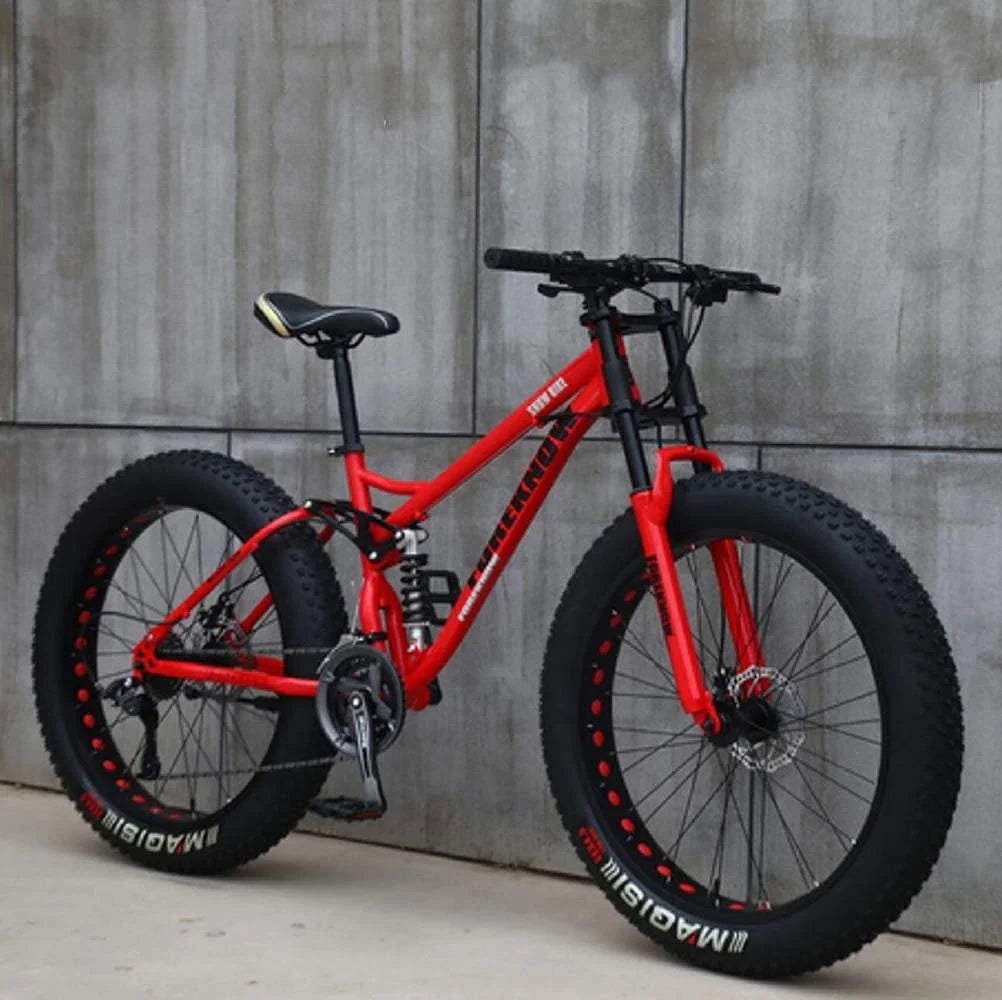 Bicicleta de Montaña Fat Tire 26" 21 Velocidades, Doble Suspensión y Doble Freno de Disco, Roja