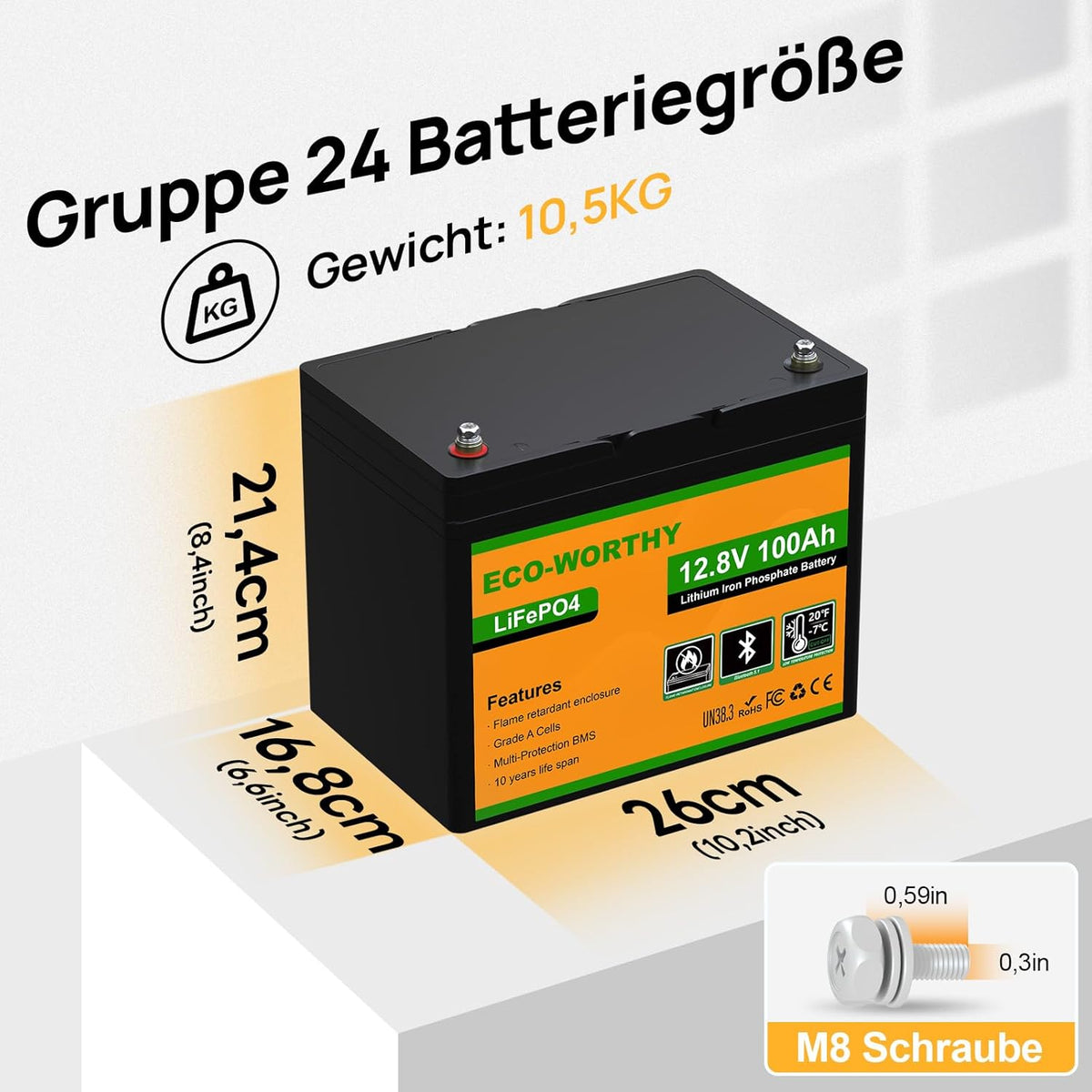 ECO-WORTHY Batería LiFePO4 12 V 100 Ah Bluetooth con BMS 100 A y Protección Baja Temperatura
