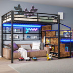 Cama Alta 140 x 200 cm de Metal Negra con Armario, Escalera de Almacenaje y Luces LED