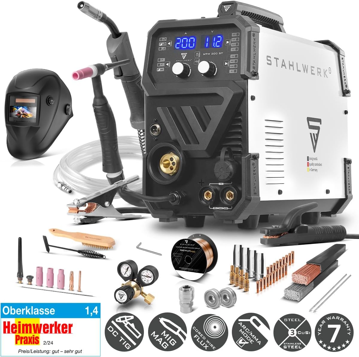 STAHLWERK MTM-200 ST Soldador 3 en 1 TIG, MIG/MAG y MMA hasta 200 A, Arrastre de 4 Rodillos
