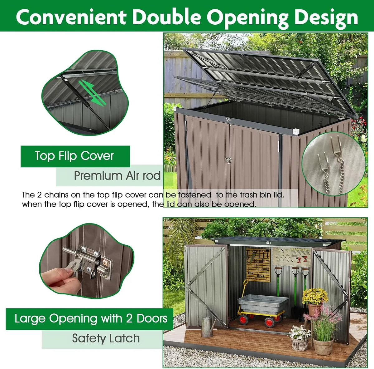 HOMASIS Cobertizo Metálico de Jardín 172 x 101 x 130 cm con Tapa Abatible y Doble Puerta, Gris