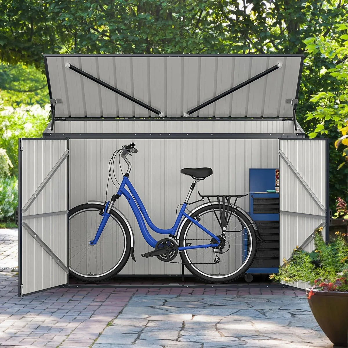 GOPLUS Caseta de Jardín de Acero Galvanizado 1,9 m³ 193 x 86 x 127 cm con Doble Puerta y Cerradura
