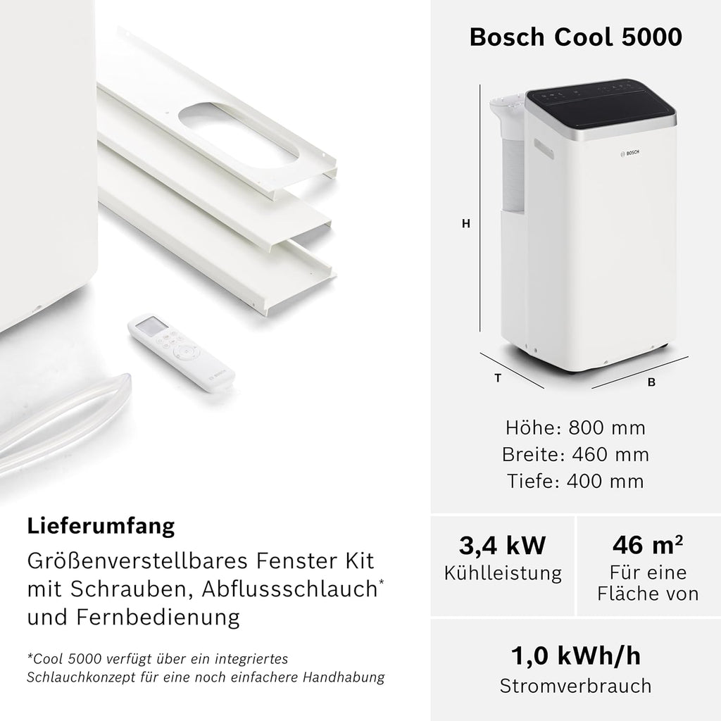 Bosch Cool Aire Acondicionado Portátil 3 en 1 con Modos Auto, Silencio y Noche