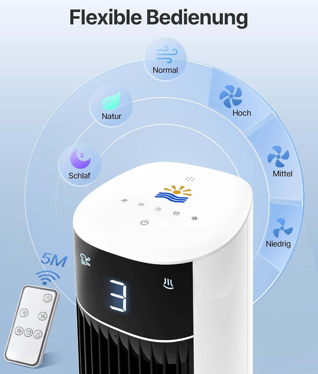 Ventilador de Torre Climatizador Evaporativo con Agua, Mando, 3 Modos y Temporizador 12 h