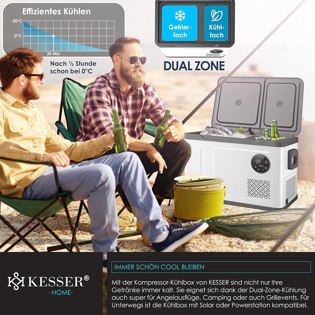 KESSER Nevera Portátil de Compresor Doble Zona hasta -20 °C con Pantalla Táctil, 12/24 V y 230 V