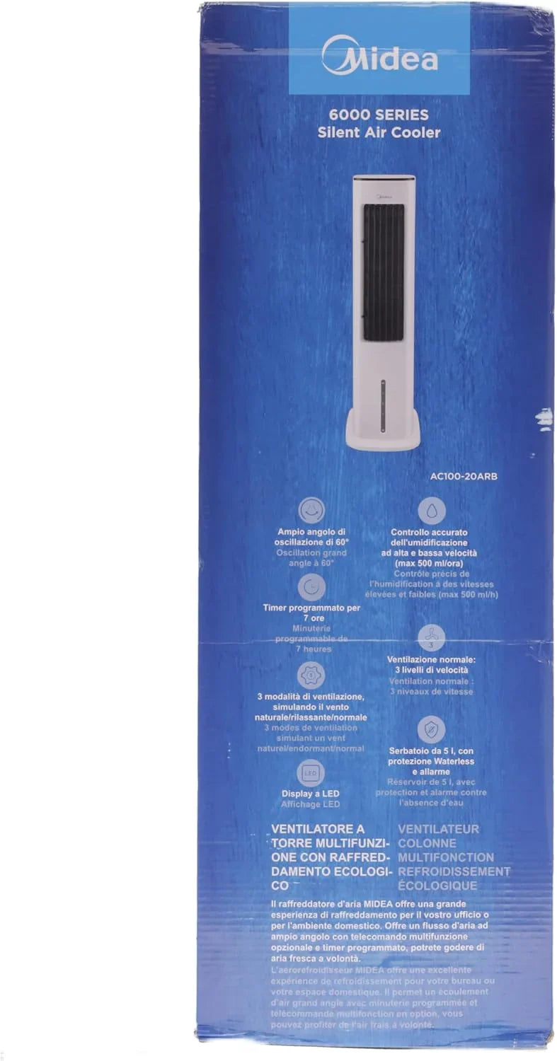 Midea Climatizador Evaporativo con Depósito de 5 L, Humidificador e Ionizador, 355 m³/h, Blanco