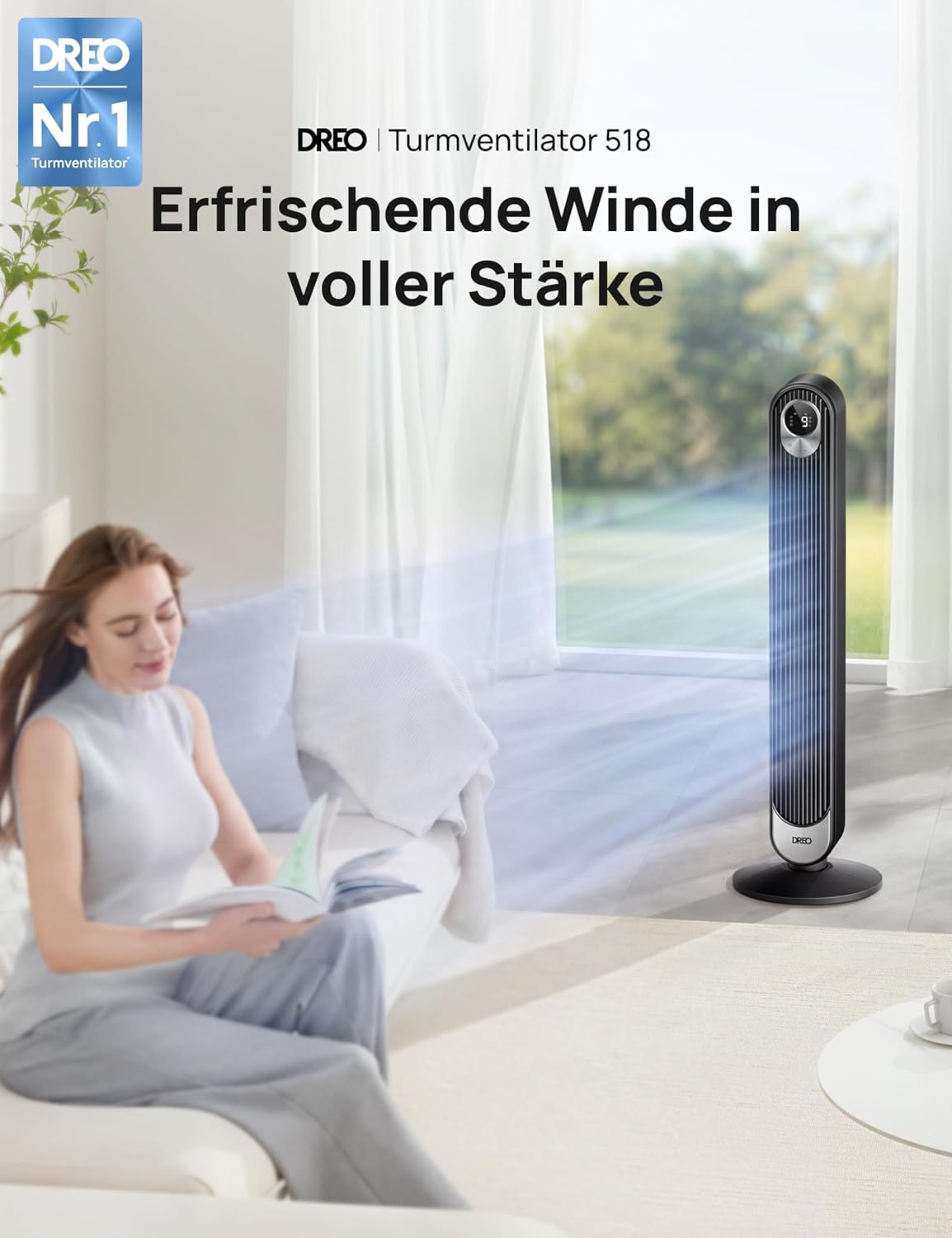 DREO Ventilador de Torre Silencioso Motor DC, 9 Velocidades, 4 Modos, Oscilación 90°, Mando