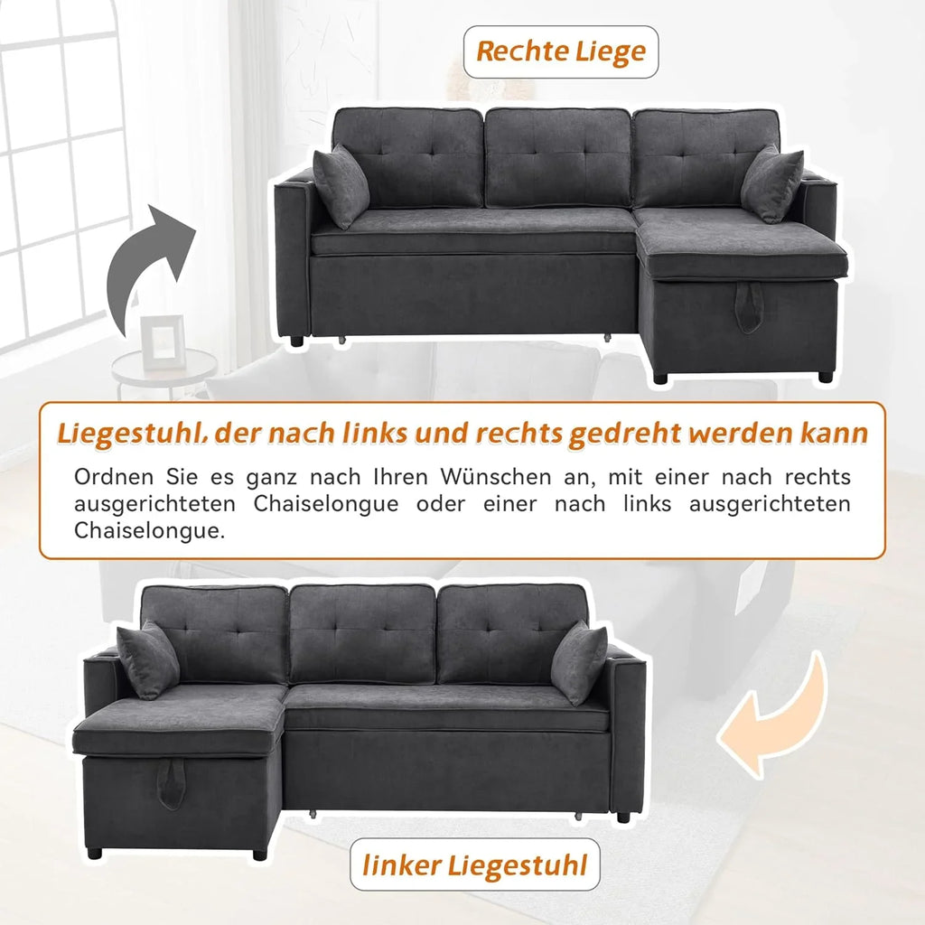 Sofá Cama Chaise Longue 3 Plazas Reversible con Portavasos y Bolsillos Laterales, Gris