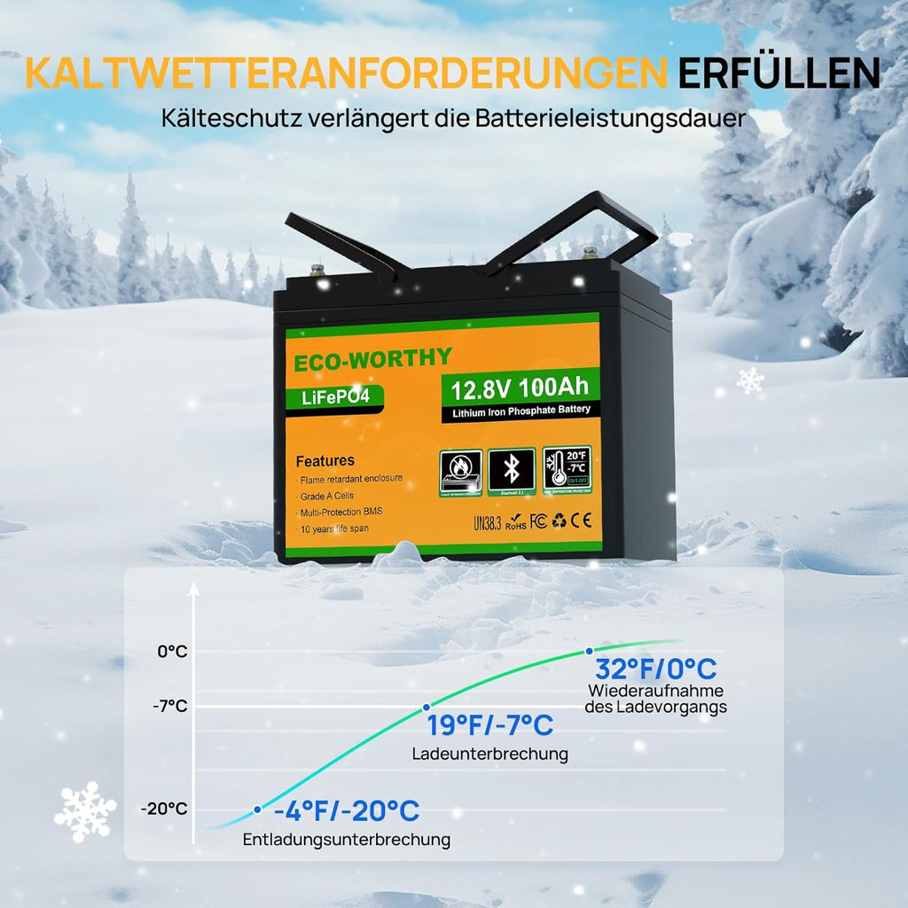 ECO-WORTHY Batería LiFePO4 12 V 100 Ah Bluetooth con BMS 100 A y Protección Baja Temperatura
