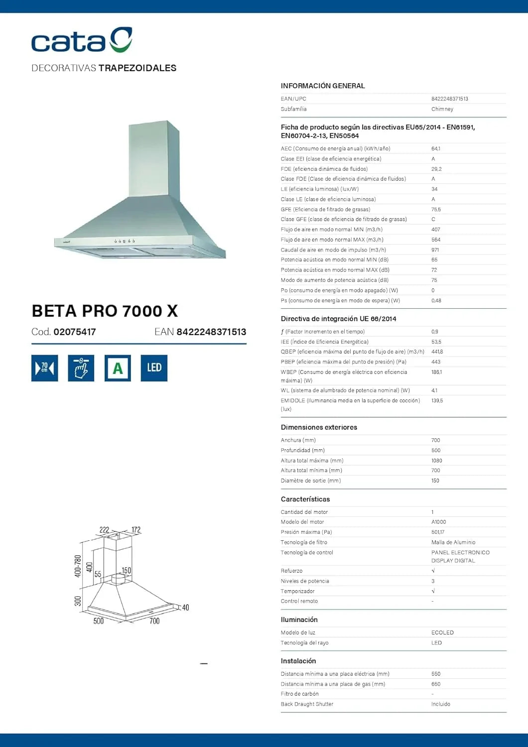 CATA BETA PRO 7000 X Campana Extractora Decorativa 70 cm 1027 m³/h, Temporizador, LED, Inox