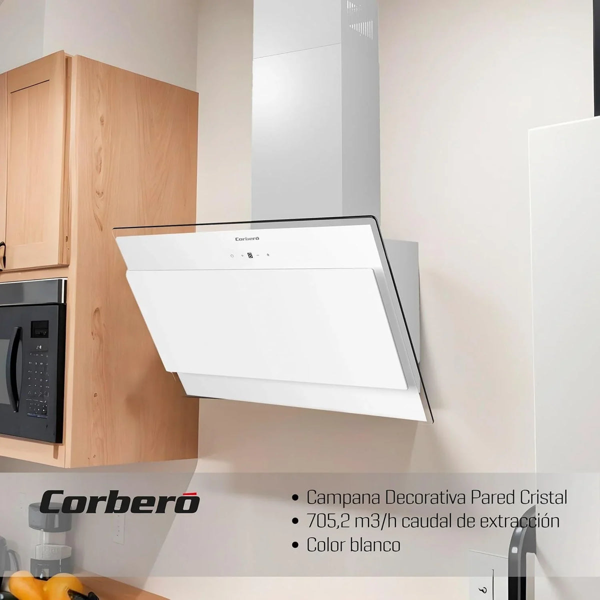 Corberó ONEGA675W Campana Extractora de Cristal 60 cm, 4 Velocidades, Control Táctil, Blanca