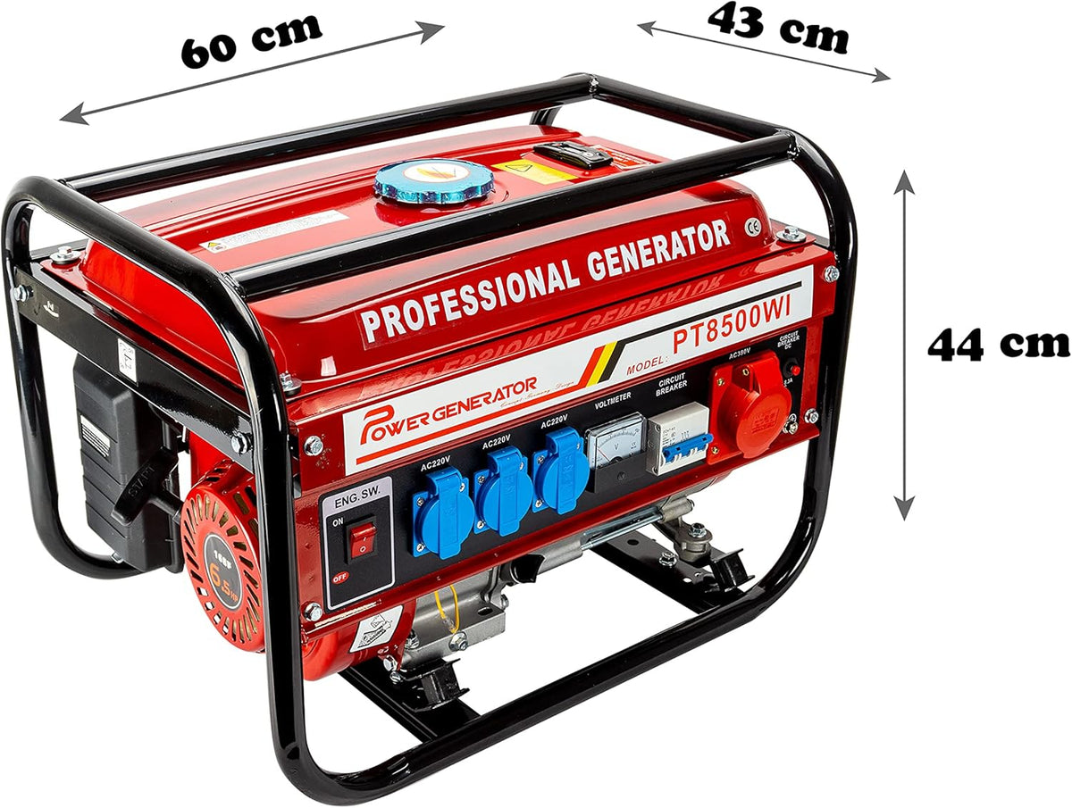 Generador Eléctrico de Gasolina 6,5 CV con 5 Tomas (3 x 230 V, 400 V y 12 V)