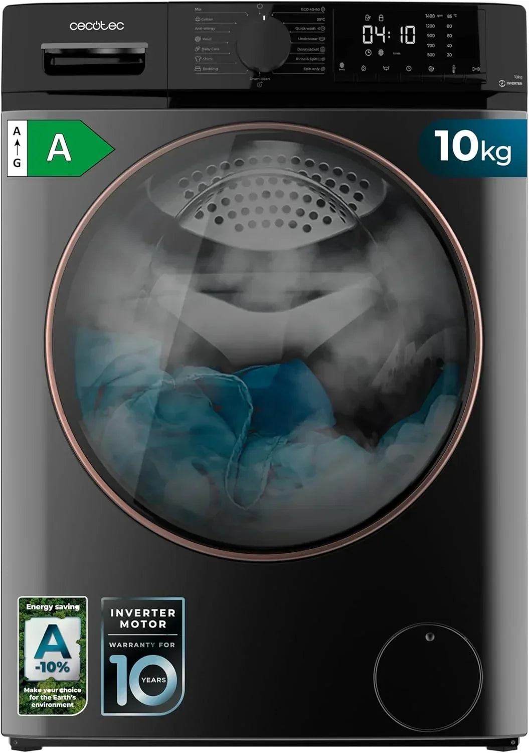 Cecotec Bolero DressCode 10610 Inverter Steel Lavadora 10 kg, 1400 rpm, Steam Max, 15 Programas