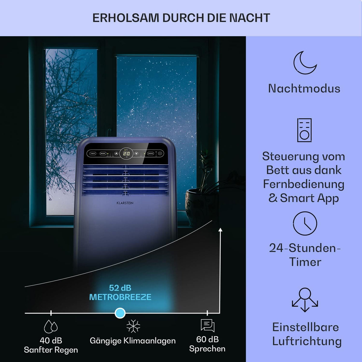 Klarstein Aire Acondicionado Portátil 4 en 1 con Modo Noche y Bajo Consumo, hasta 12000 BTU