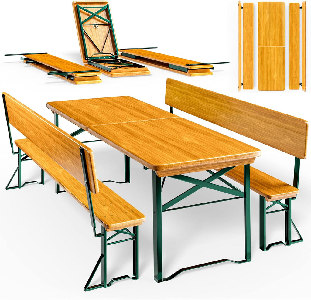 Casaria Conjunto de Mesa y Bancos Plegables con Respaldo 170 cm para 8 Personas, Madera
