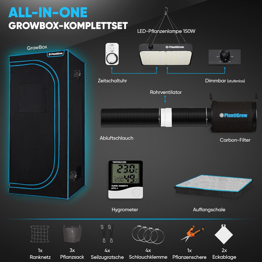 Kit Armario de Cultivo Completo 80 x 80 x 180 cm con Lámpara LED 150 W, Filtro de Carbón y Extractor
