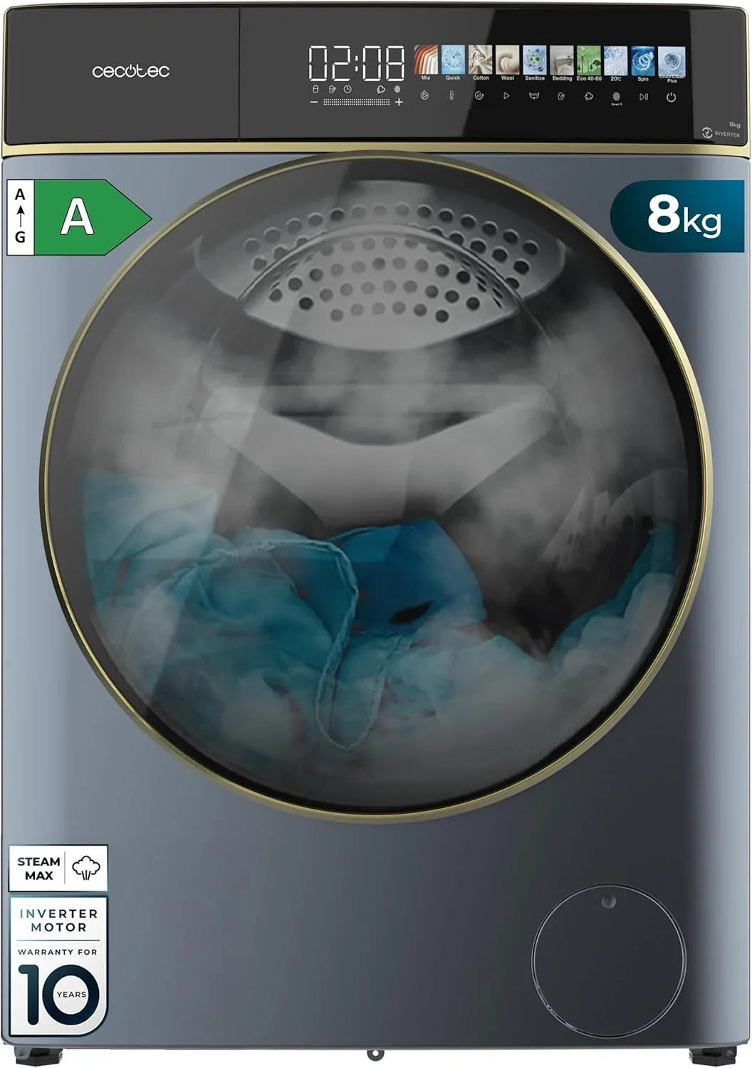Cecotec Bolero Wash&Dry 85900 Inverter Titanium Lavadora Secadora 8/5 kg, 1400 rpm, Pantalla FullColor