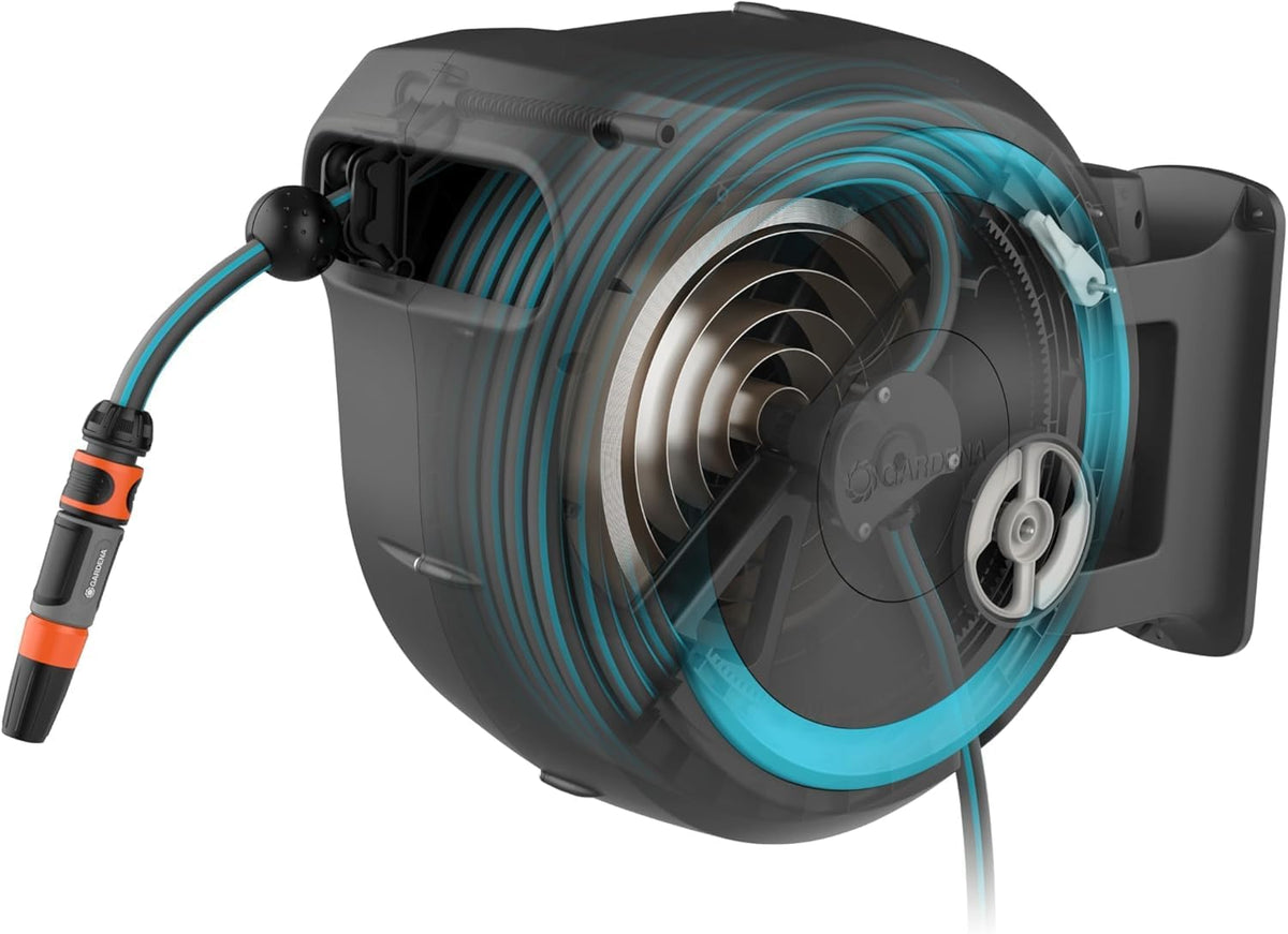 Gardena RollUp M/L Portamangueras de Pared con Manguera de 25 m, Giratorio, Turquesa