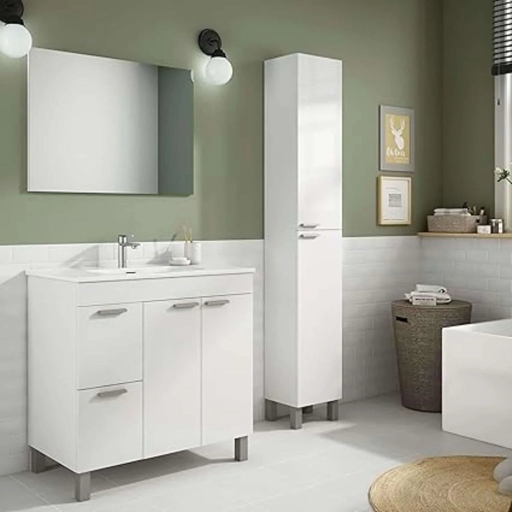 Mueble de Baño Sabela 80 cm Blanco Brillo con Lavabo PMMA, Espejo, 2 Cajones y 2 Puertas