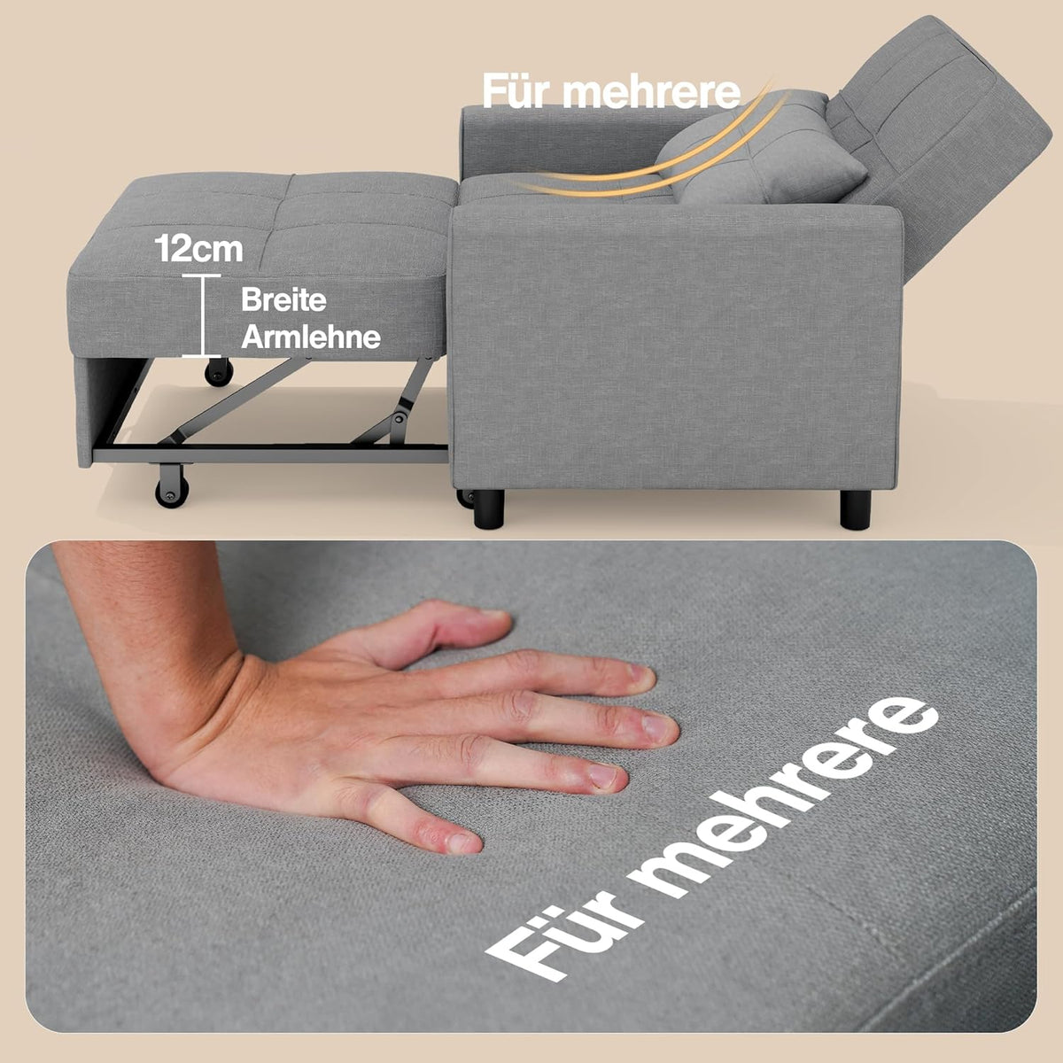 Bealife Sillón Cama Plegable con Respaldo Reclinable, Gris Claro
