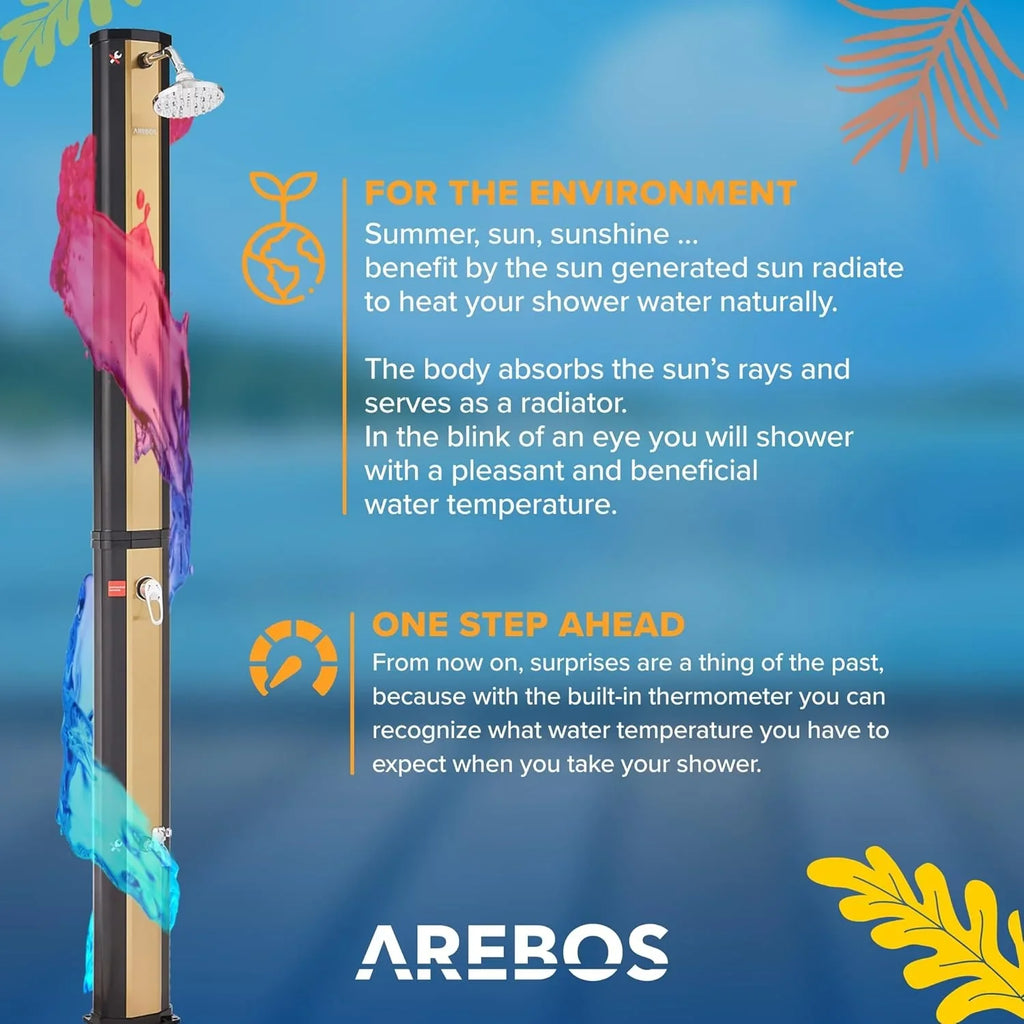 Arebos Ducha Solar 35 L de 216 cm con Termómetro y Lavapiés, Negra