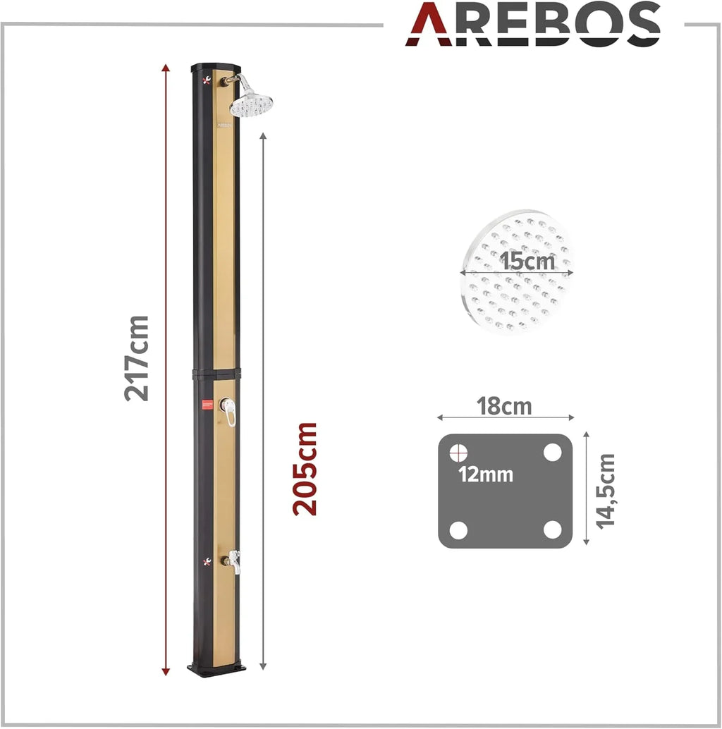 Arebos Ducha Solar 35 L de 216 cm con Termómetro y Lavapiés, Negra