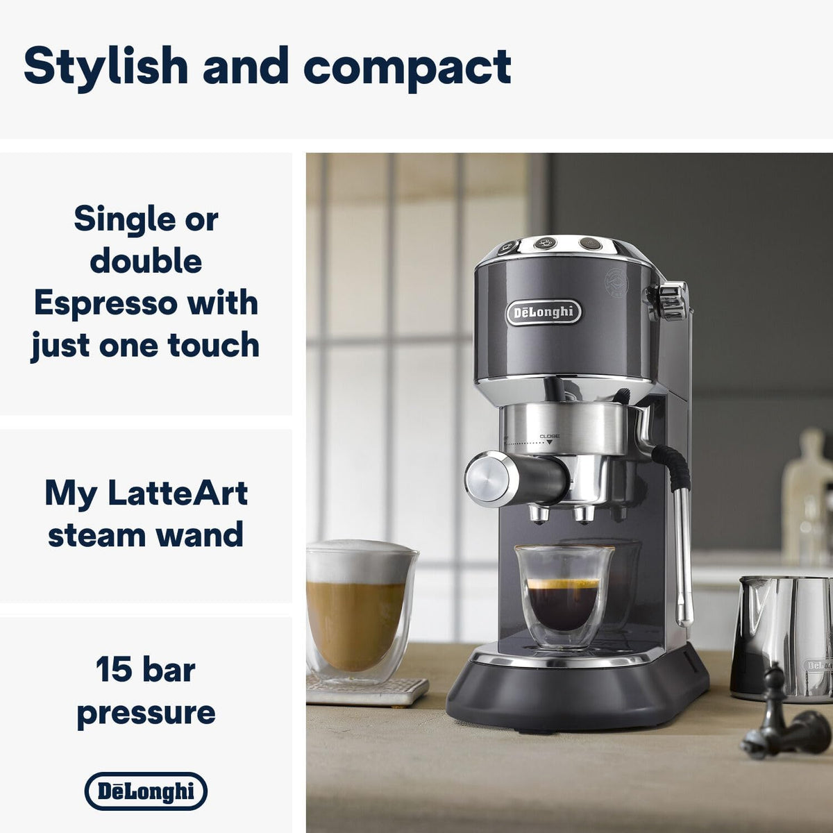 De'Longhi Dedica Style EC 685.M Cafetera Espresso de Brazo con Vaporizador, 15 cm, Plata