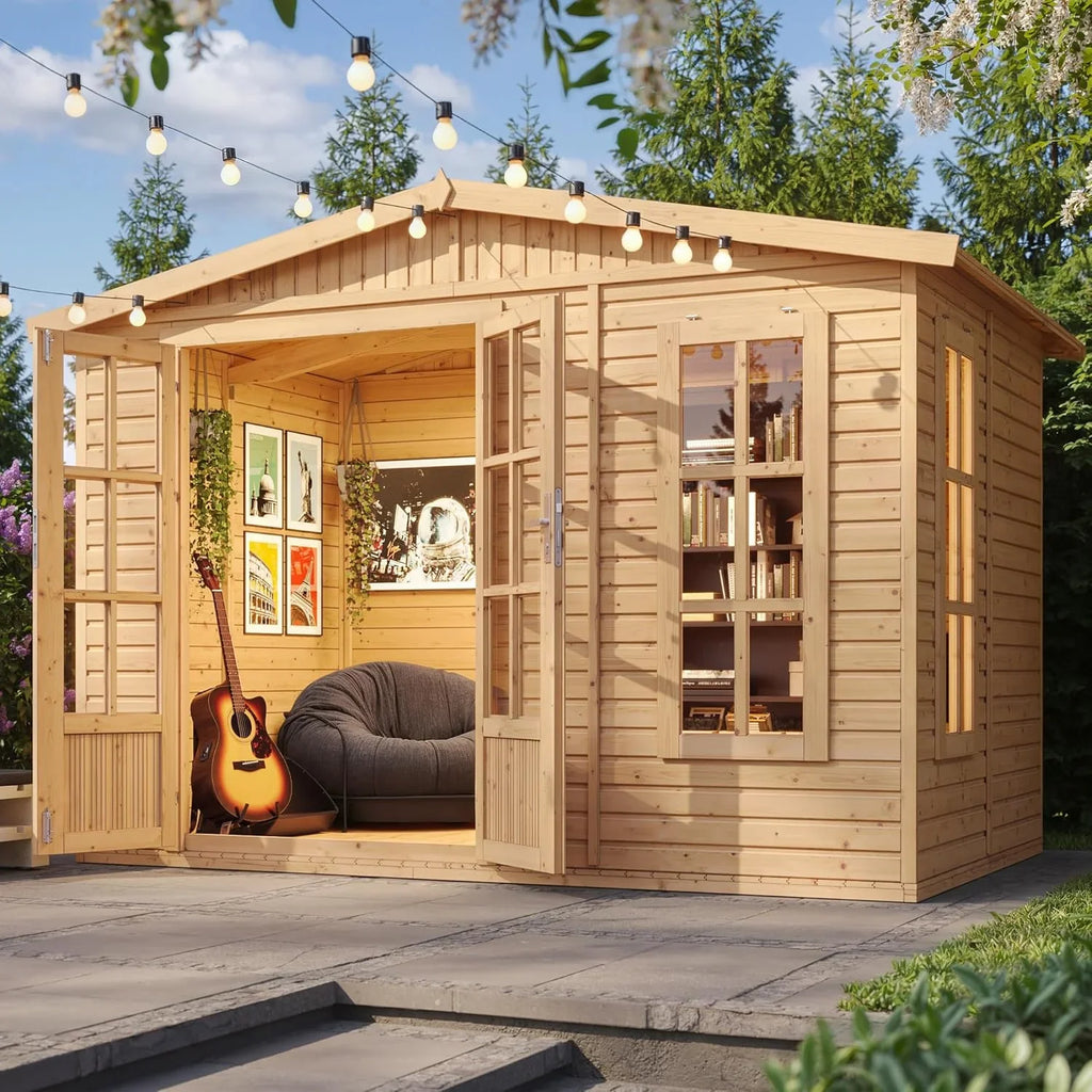 TIMBELA M334FB Caseta de Jardín de Madera 6 m² con Suelo, Ventana y Puerta Doble, Tejas Verdes