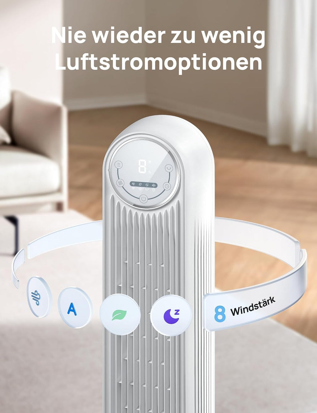 Dreo Nomad One S Ventilador de Torre Inteligente 20 dB con WiFi, 4 Velocidades, Oscilación 90°, Blanco