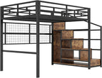 Cama Alta 140 x 200 cm de Metal Negra con Armario, Escalera de Almacenaje y Luces LED