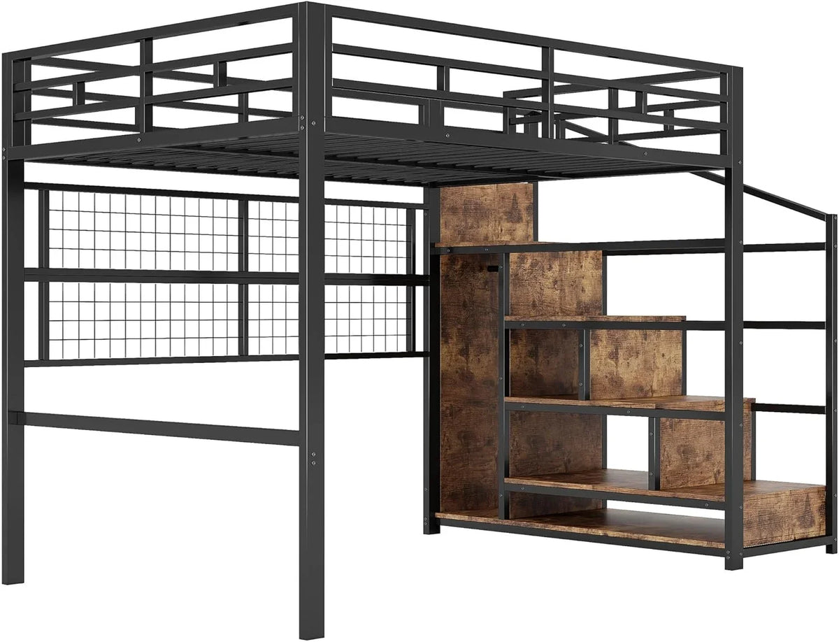 Cama Alta 140 x 200 cm de Metal Negra con Armario, Escalera de Almacenaje y Luces LED