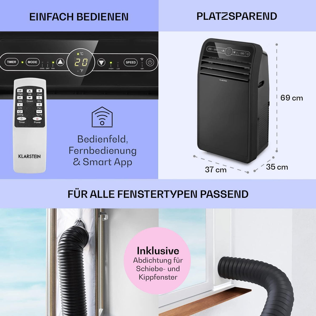 Klarstein Aire Acondicionado Portátil 4 en 1 con Control por App, hasta 12000 BTU