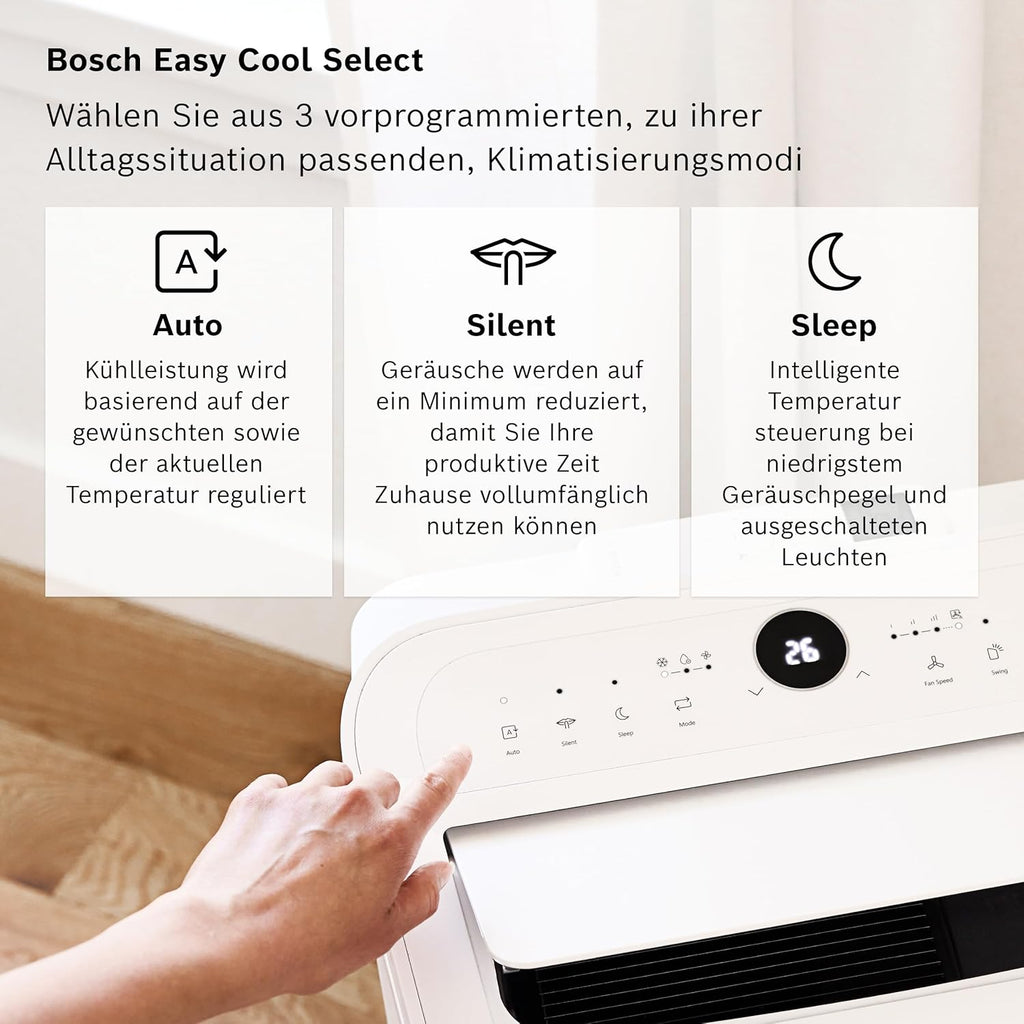 Bosch Cool Aire Acondicionado Portátil 3 en 1 con Modos Auto, Silencio y Noche