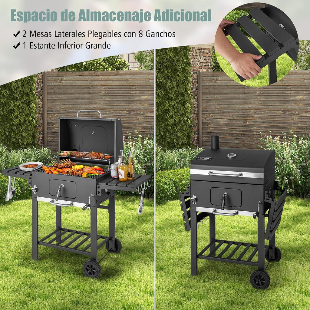 COSTWAY Barbacoa de Carbón XXL 128 x 54 x 117 cm con Tapa, Termómetro, Mesas Plegables y Ruedas
