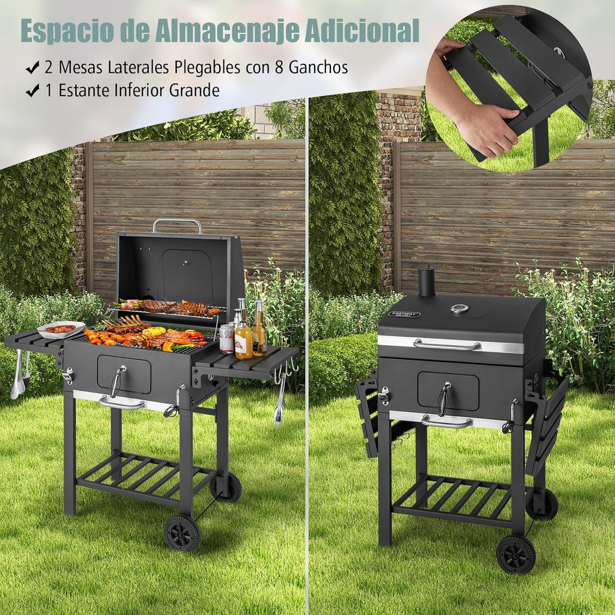 COSTWAY Barbacoa de Carbón XXL 128 x 54 x 117 cm con Tapa, Termómetro, Mesas Plegables y Ruedas