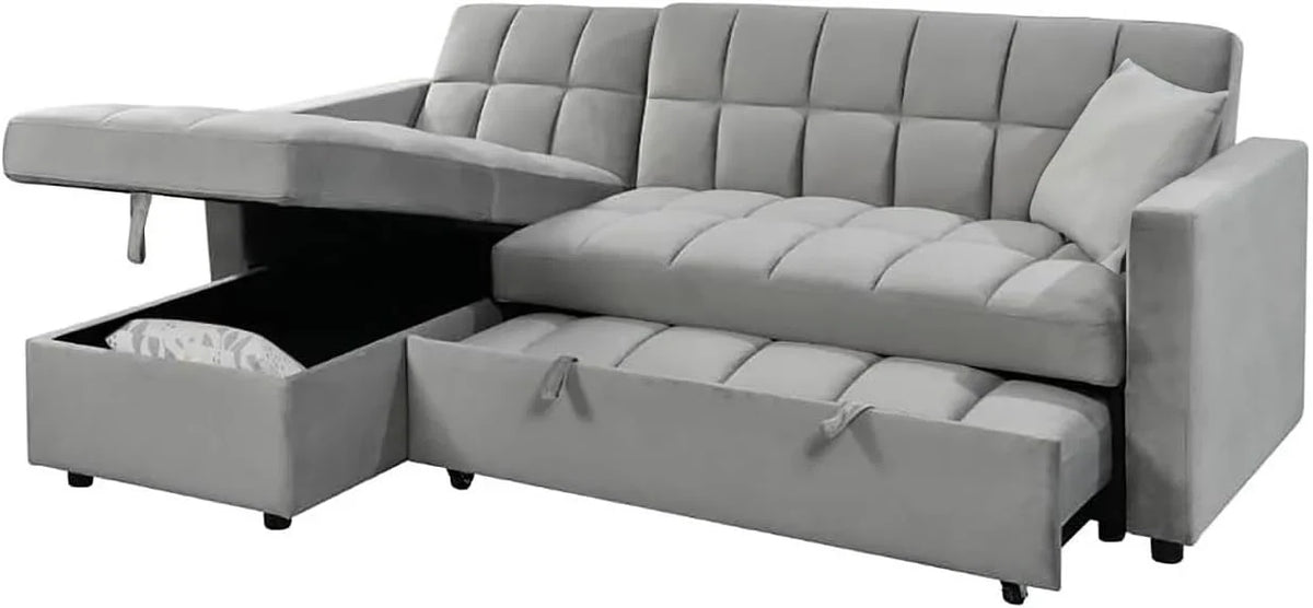 IBERA HOME Kris Sofá Cama Chaise Longue Reversible 210 x 145 cm con Arcón, Terciopelo Gris
