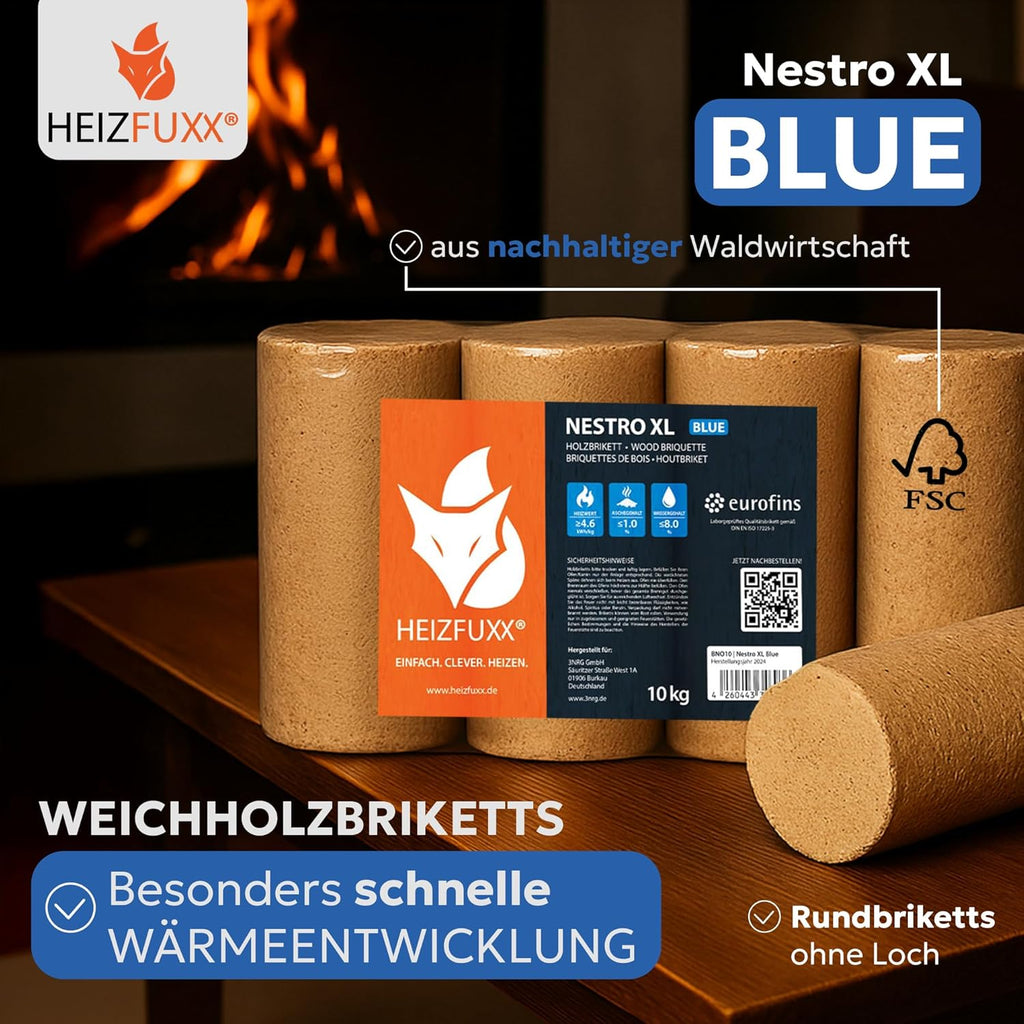 Briquetas de Madera Nestro XL Blue Palé 960 kg (96 x 10 kg) para Chimenea y Estufa