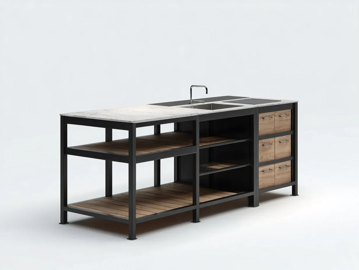 Isla de Cocina con Fregadero y Encimera Efecto Piedra 180 x 75 x 92 cm, Negro y Madera, Estilo Industrial