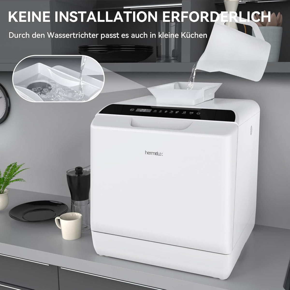 Hermitlux Mini Lavavajillas de Sobremesa para 4 Cubiertos con Depósito de 5 L, Blanco