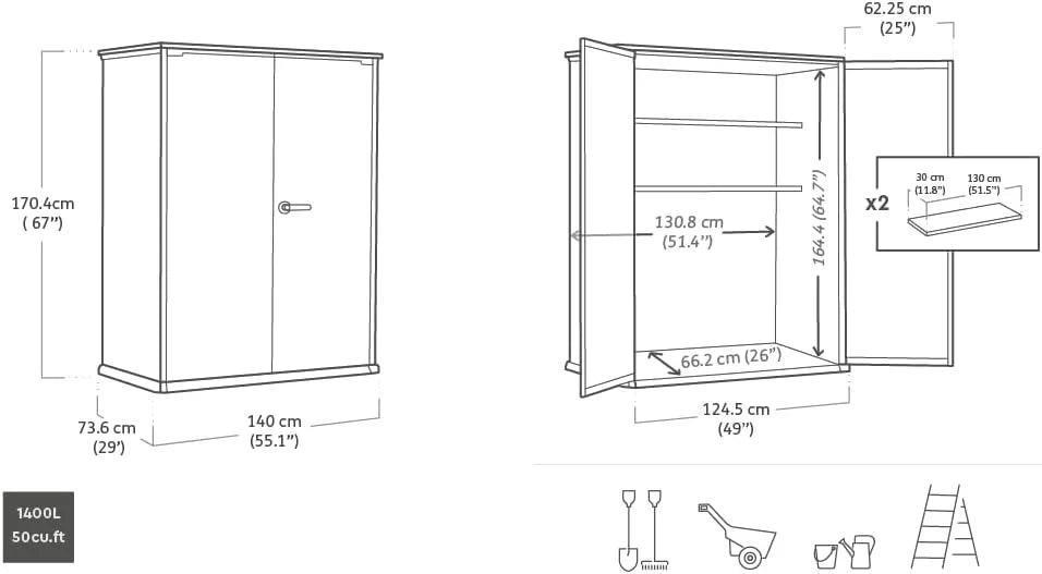 Keter High Store Plus Armario de Exterior 1400 L Gris 170,4 x 140 x 73,6 cm, Paredes Duotech