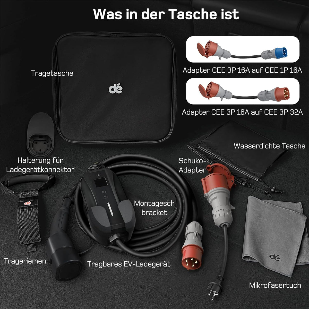 dé Cargador Portátil para Coche Eléctrico 11 kW Trifásico, Cable Tipo 2 de 7 m y Adaptadores