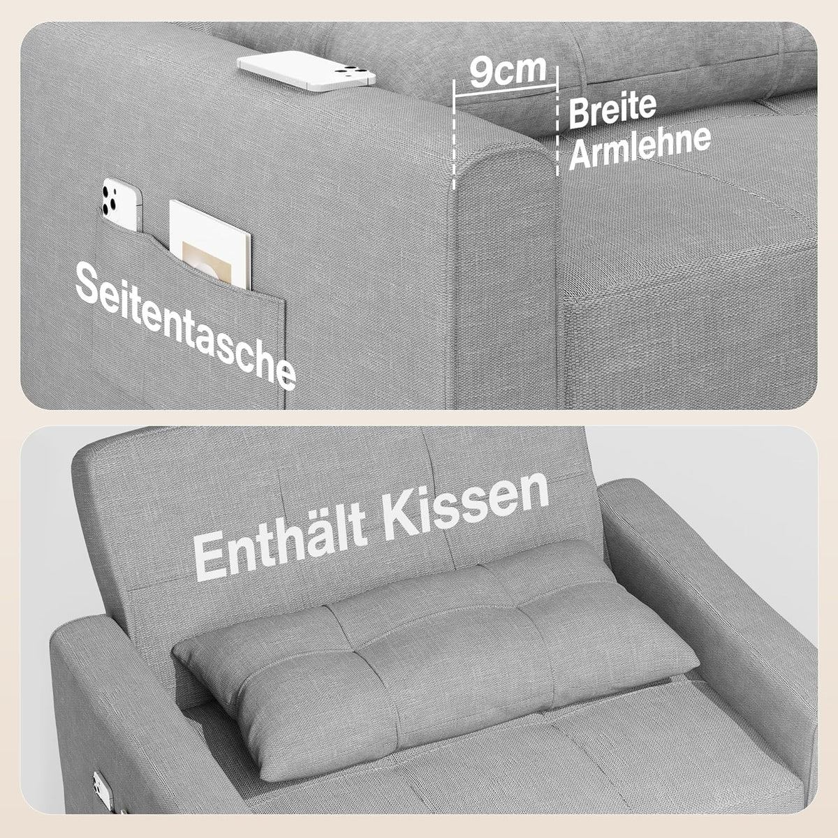 Bealife Sillón Cama Plegable con Respaldo Reclinable, Gris Claro