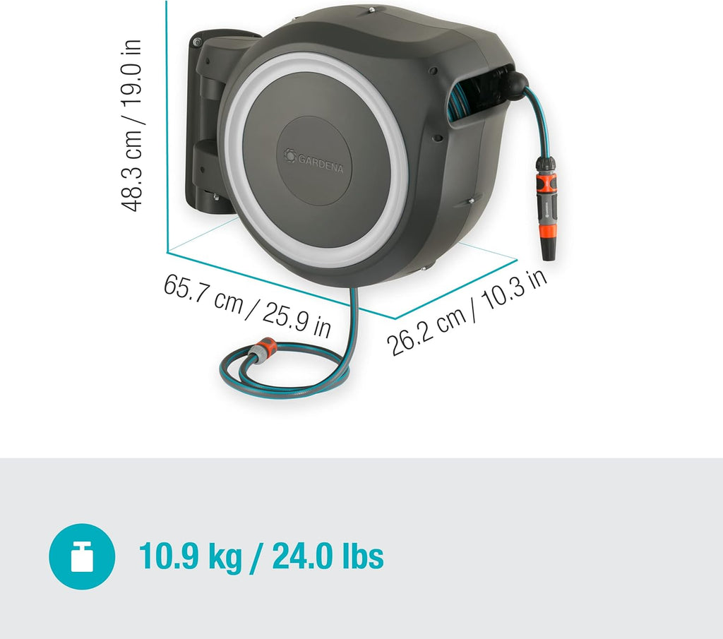 Gardena RollUp M/L Portamangueras de Pared con Manguera de 25 m, Blanco y Gris