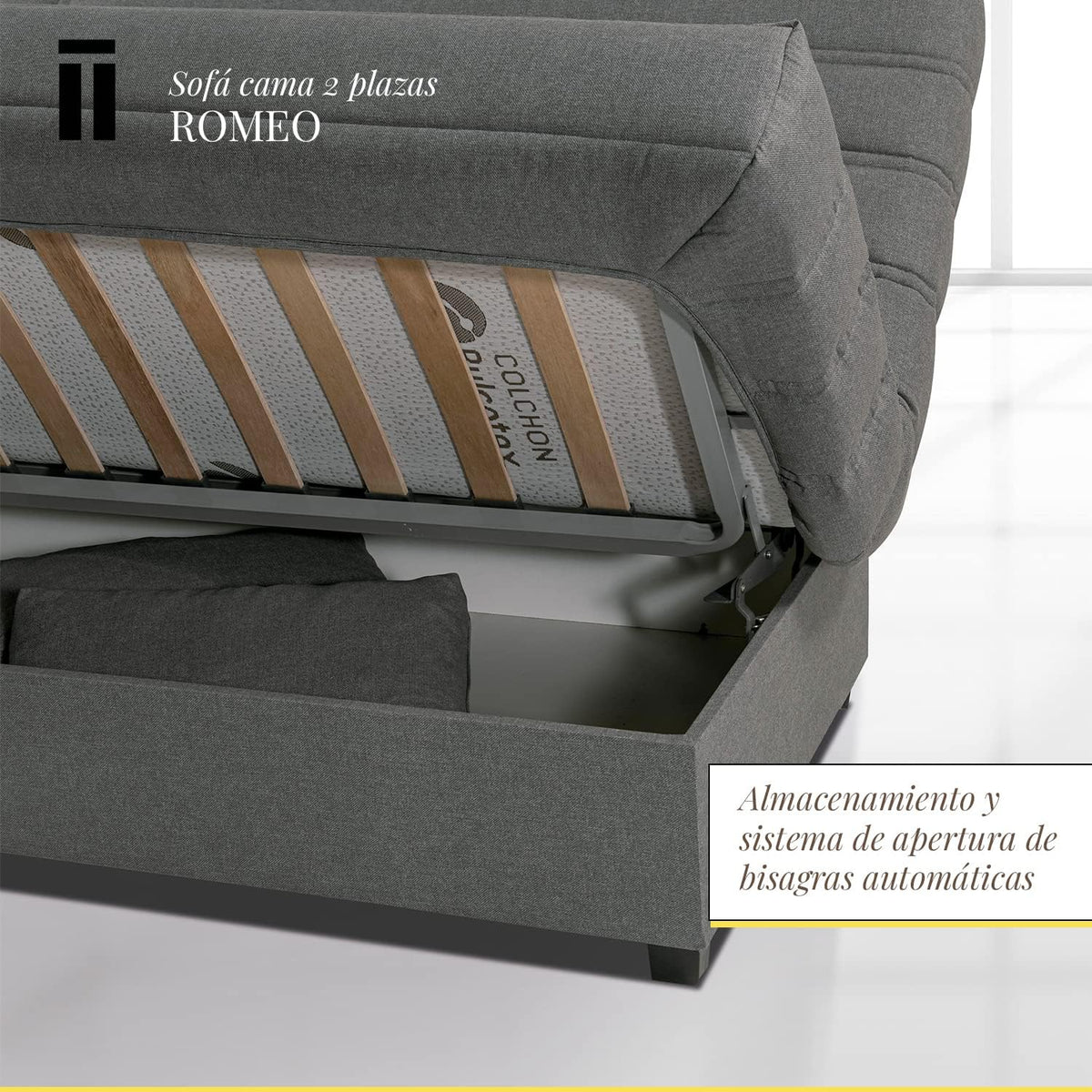 SHIITO Romeo Sofá Cama 3 Plazas Clic-Clac con Arcón y 2 Cojines, Gris Oscuro
