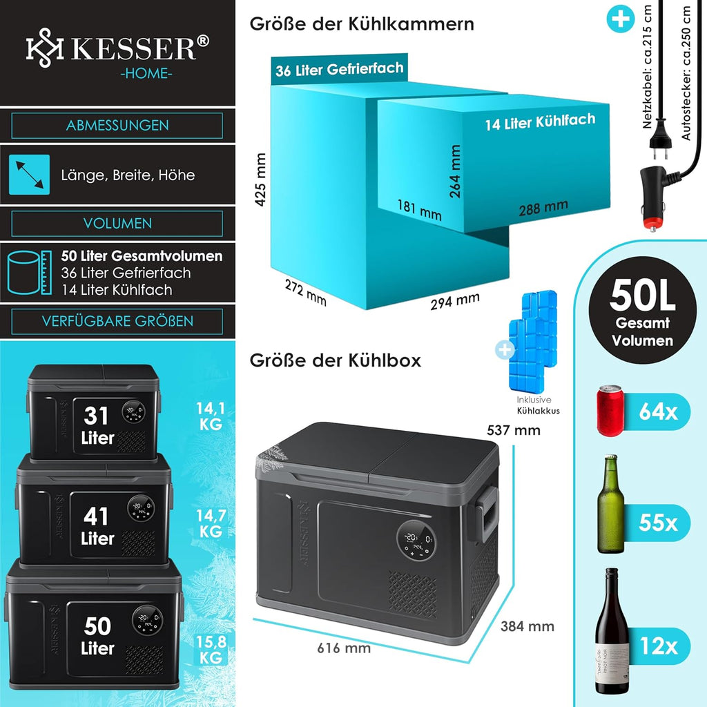 KESSER Nevera Portátil de Compresor Doble Zona hasta -20 °C con Pantalla Táctil, 12/24 V y 230 V